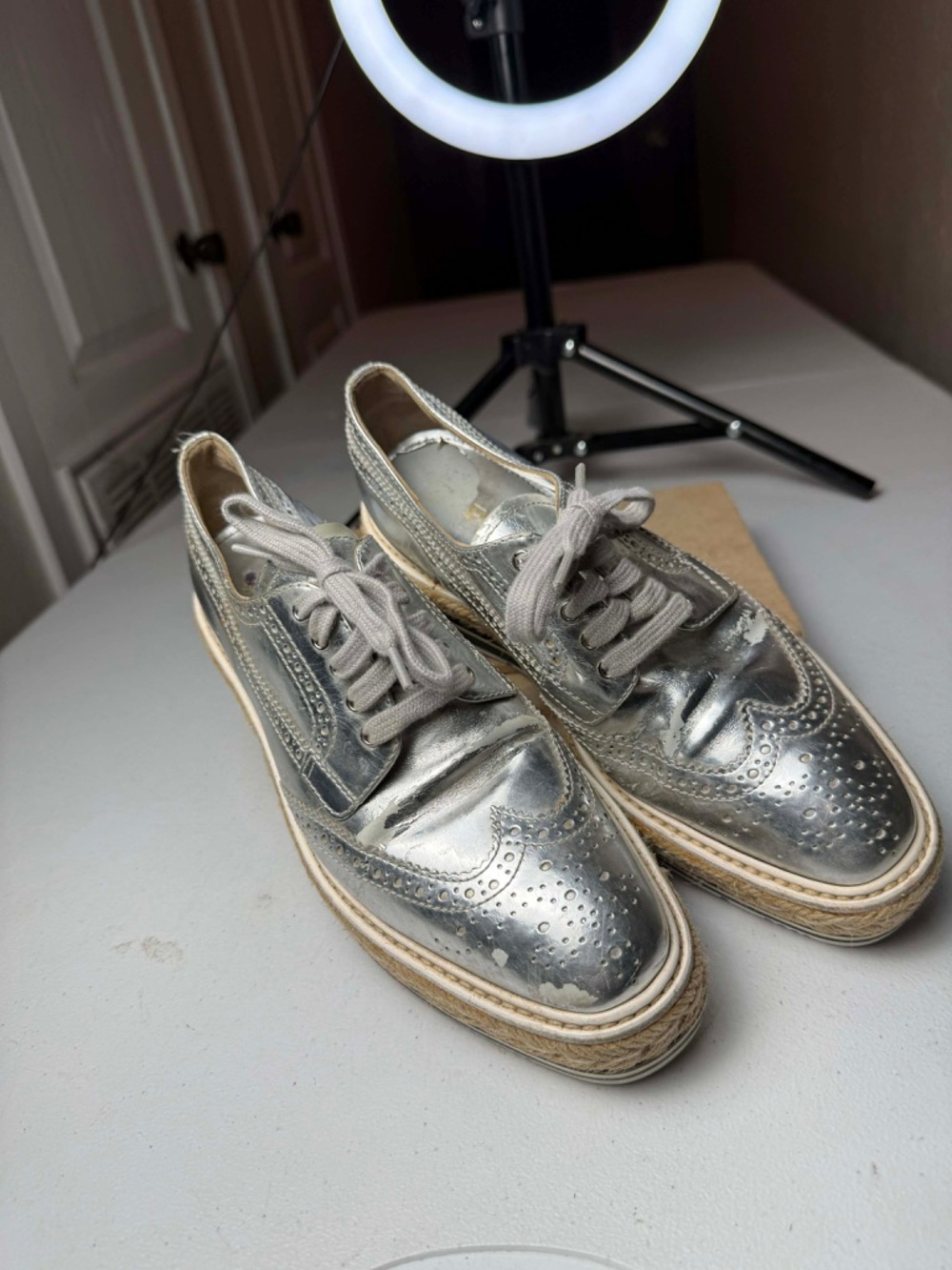 PRADA Platform Derby Dress Shoes Silver Chrome -  US 7 / EU 37 - Picture 5 of 15